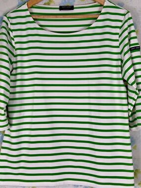 Saint James Green and White Breton Stripe Boatneck Tee NWT